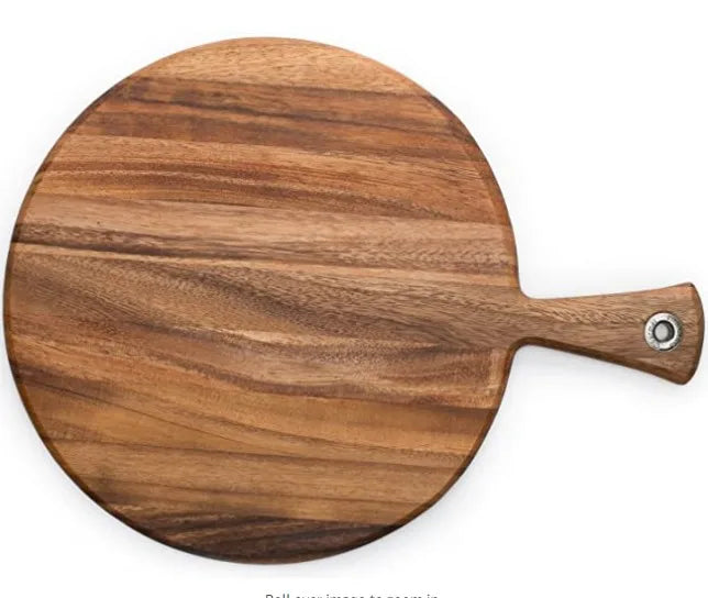Natural Acacia Wood Pizza Peel & Chopping Board Round Bamboo Wooden Cheese Plate for Living Room Serving & Cutting Pizza