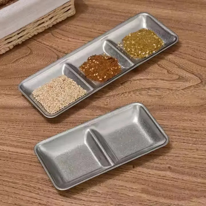 Korean Style Eco-Friendly Stainless Steel Barbecue Dipping Tray 3 Compartment Seasoning Sauce Dish Custom Logo for Restaurant