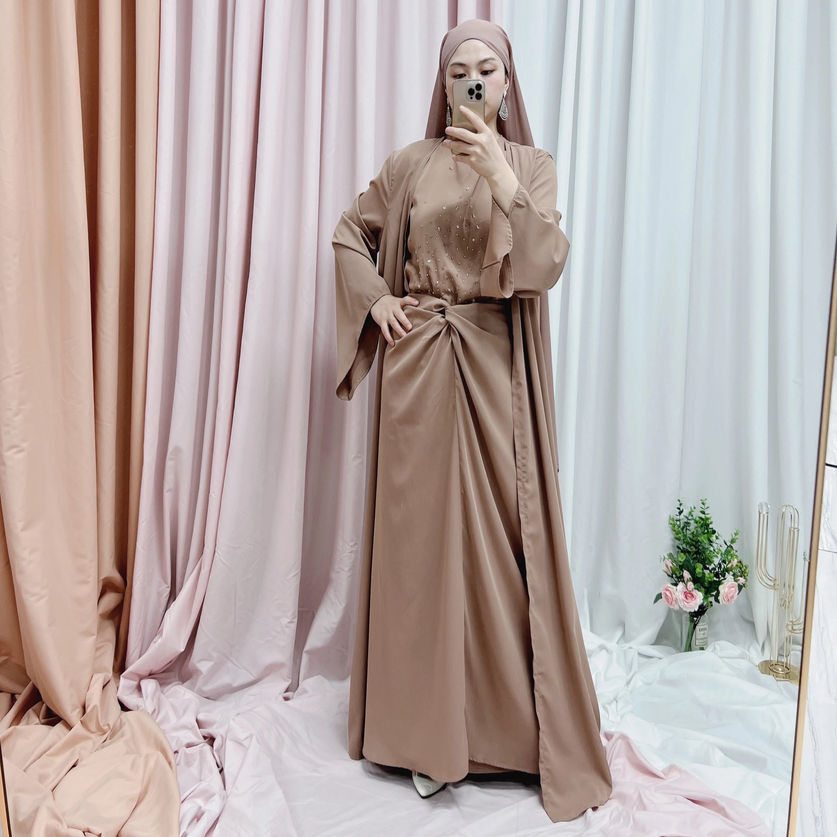 New Style 3 Piece Set Islamic Clothing Abayas Handmade Stones Abaya Dubai 2026 Dresses Maxi