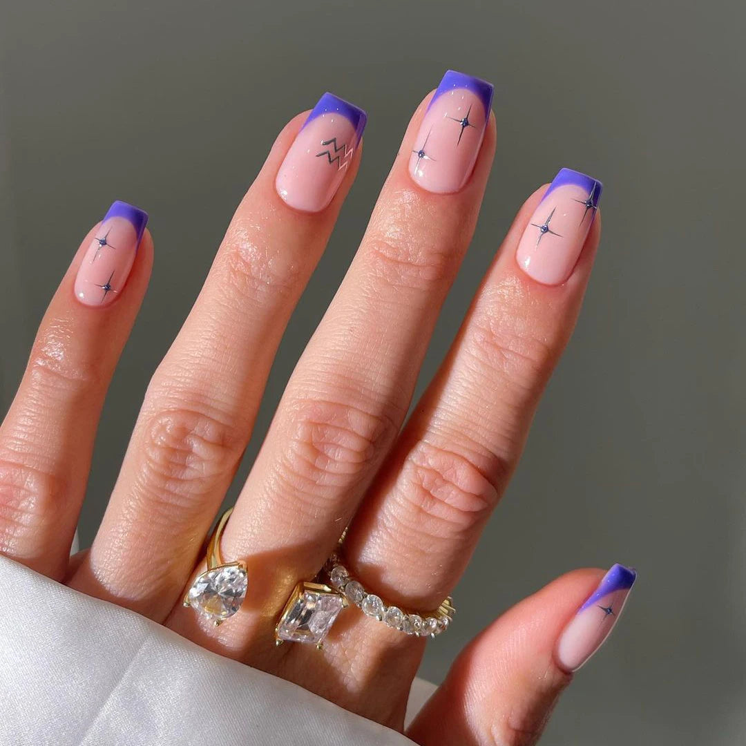 Custom Short Square Luxury Sliver Stars Design Stick on Nails Press Wholesale Soft Gel Purple French Tip Press on Nails En Gel