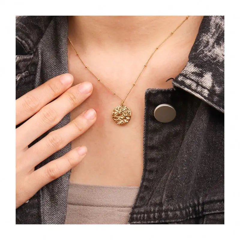 Chris April Vintage Stainless Steel PVD Plated Satellite Chain Organic Texture Bumpy Pendant Necklace