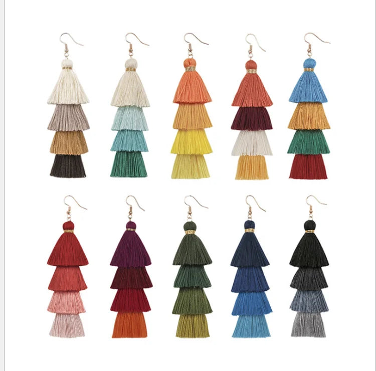 Jewelry Tassel Dangle Earrings Popular 4 Tier Fabric Tassel Drop Earrings