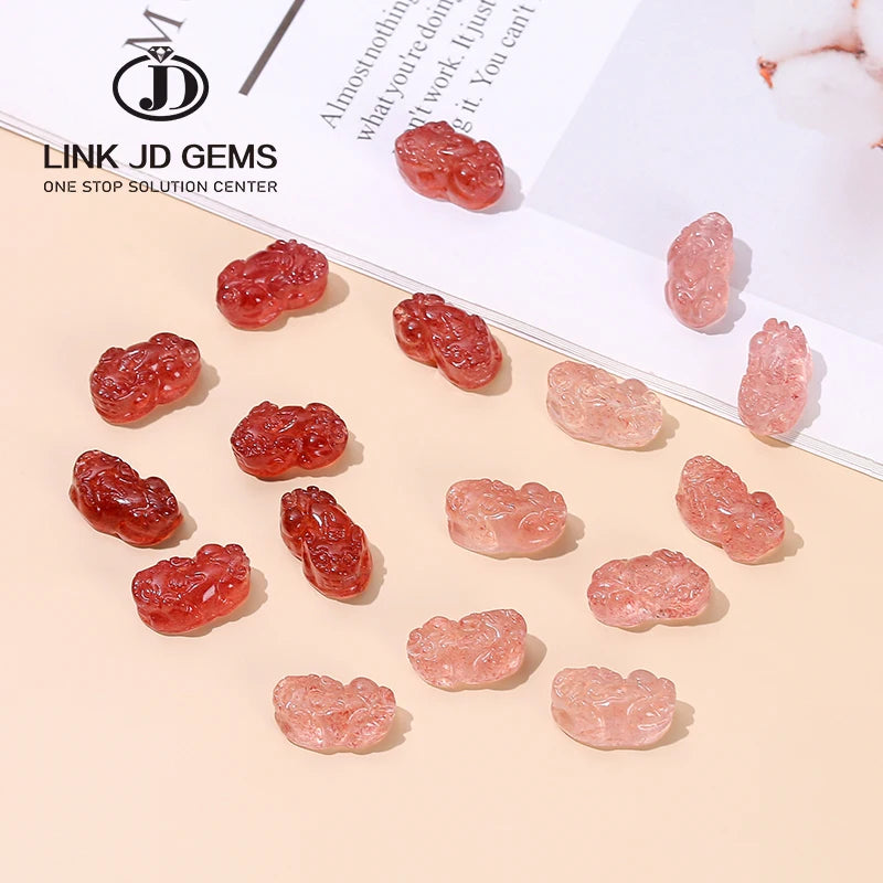 JD Natural Stone Light Red Dark Red Strawberry Quartz Pixiu Carved Beads Loose Lucky Beads With Hole for Jewelry Making