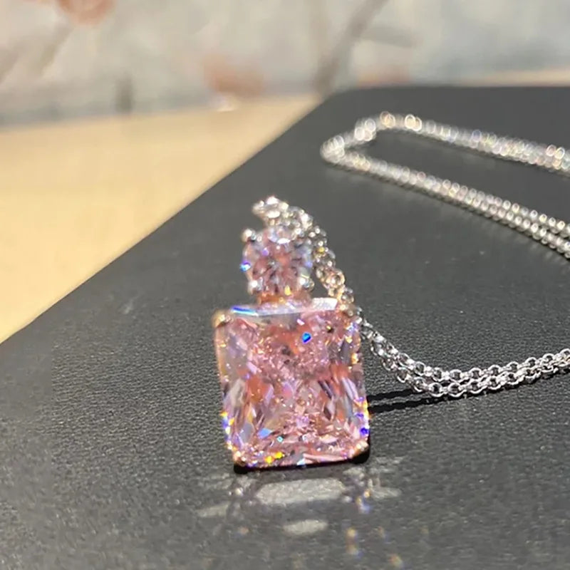 CAOSHI Customable Square Shaped Pink Crystal Cubic Zirconia Necklace for Trend Party Two Tone Plated Pendant Necklaces for Women