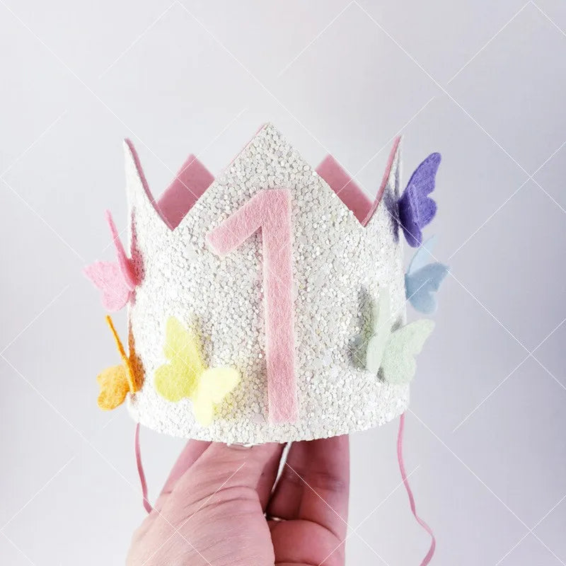 Hand-made Non Woven Fabric Baby First Birthday Party  Hat Princess Crown With Butterflies