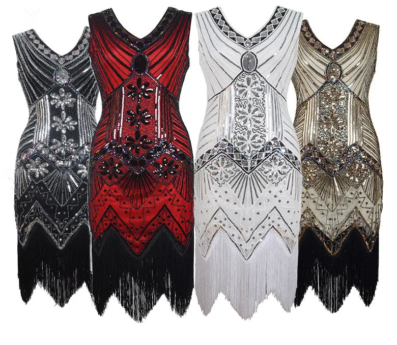 1920s Flapper Plus Size Women Dress Great Tassel Party Evening  V-Neck Sleeveless Beaded Sequins Fringed Dresses Gown Dress
