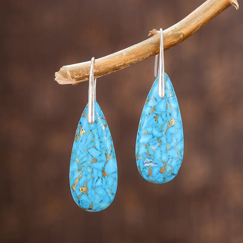 Dainty Blue Jasper Earrings Emperor Stone Water Drop Pendant Earrings Natural Raw Gemstone Healing Bohemian Earrings for Women