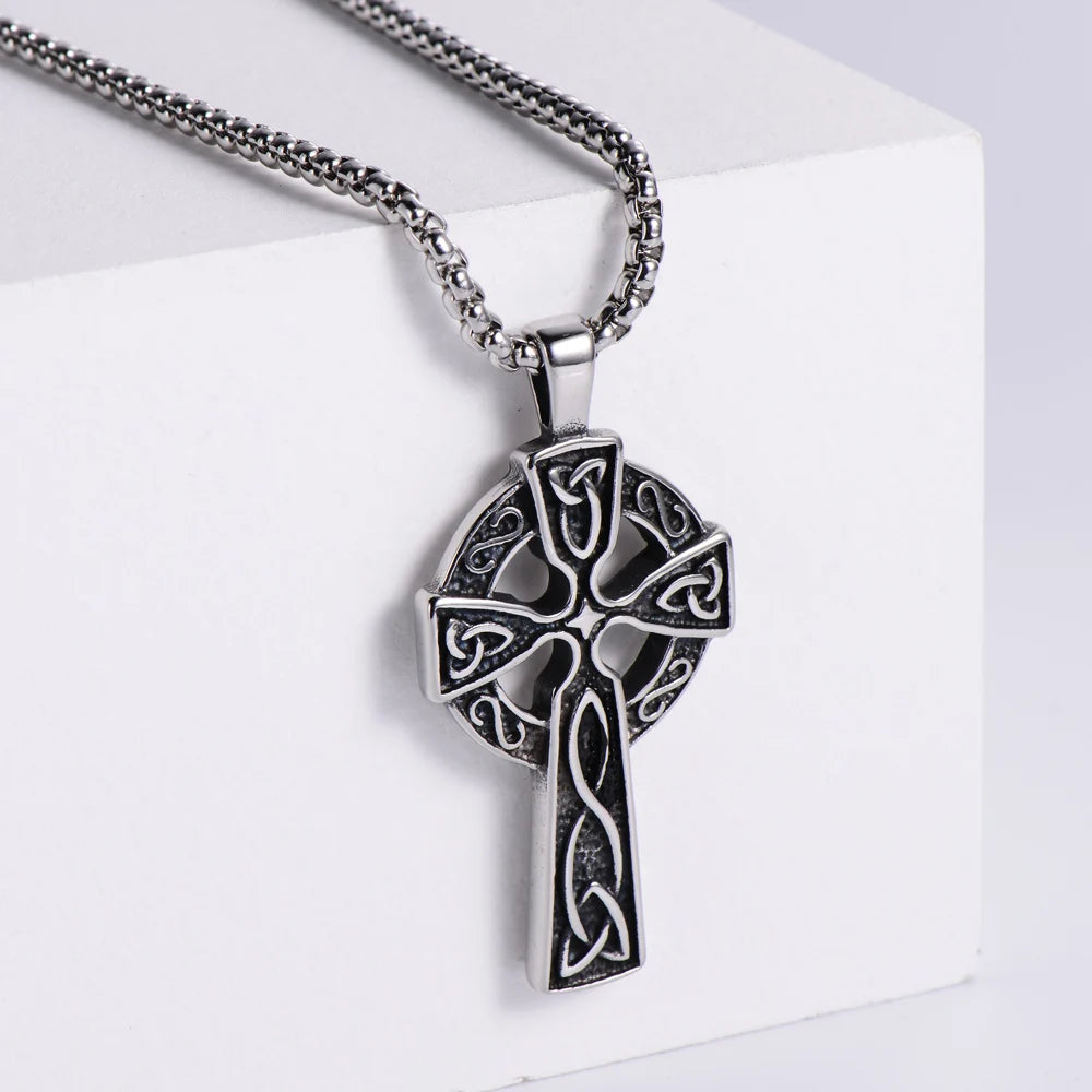 Men's Women's Vintage Stainless Steel Norse Viking Jewelry-Celtic Knot Cross Necklace Box Chain for Christian Great Gift Idea