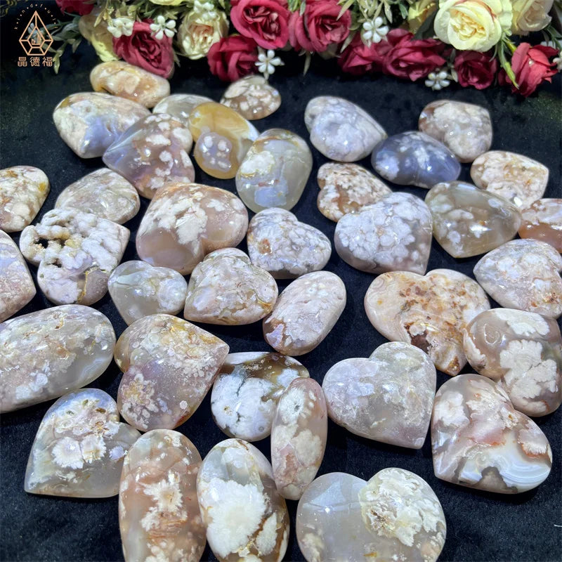 Kindfull Wholesale Natural Crystal Gemstone Polished Stone Flower Agate Hearts Healing Crystal Quartz Heart for Decoration