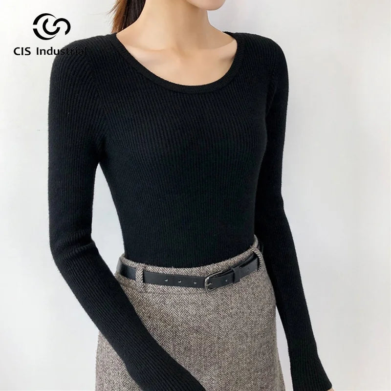 Women's Basic Knit Pullover Sweaters Casual Korean Style Long Sleeve O Neck Pure Color Top for Autumn Season Wholesale