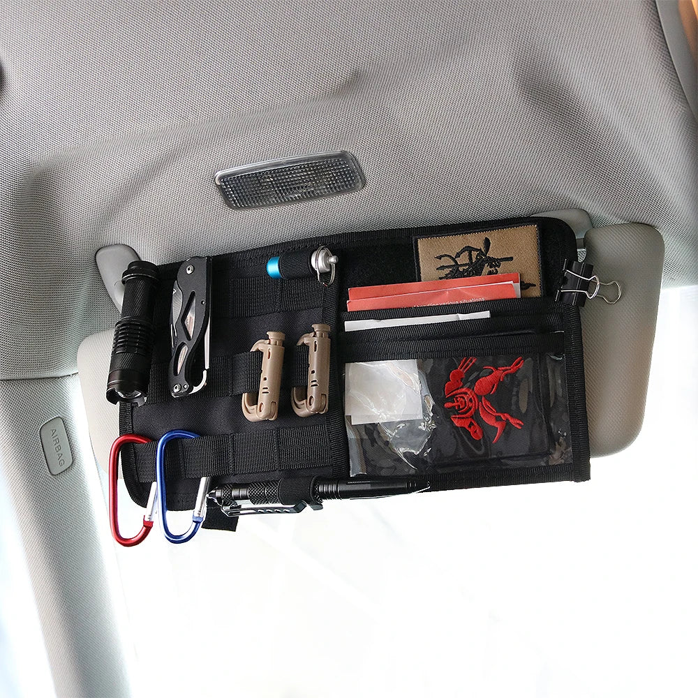 Tactical MOLLE Car Visor Organizer Vehicle Sun Visor Panel with EDC Tool Pouch & CD Storage Quick-Access Bag for SUV/Truck