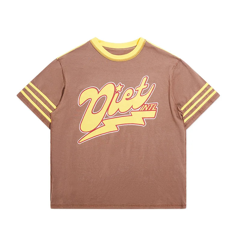 OEM Custom Street Wear Screen Printed Striped Sleeve Inside Out Stitching Tee Sun Faded Washing t Shirt