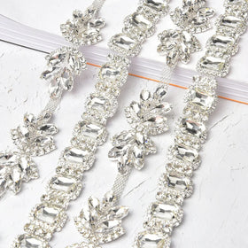 All Clear Glass Crystal Metal Trim Glitter Rhinestone Leaf Flower Chain Charms Applique Sew on Costume Shoes Wedding Accessories