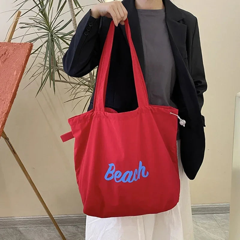 Solid Colour Women's Beach Shoulder Bag Letter Design Ladies Tote Canvas Bags Large Capacity Drawstring Female Shopping Handbag