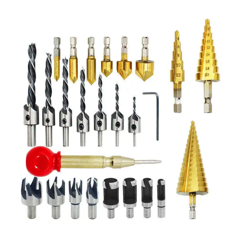 26-PCS Woodworking Chamfer Drilling Tools Countersink Drill Woodworking Opening Combination Set