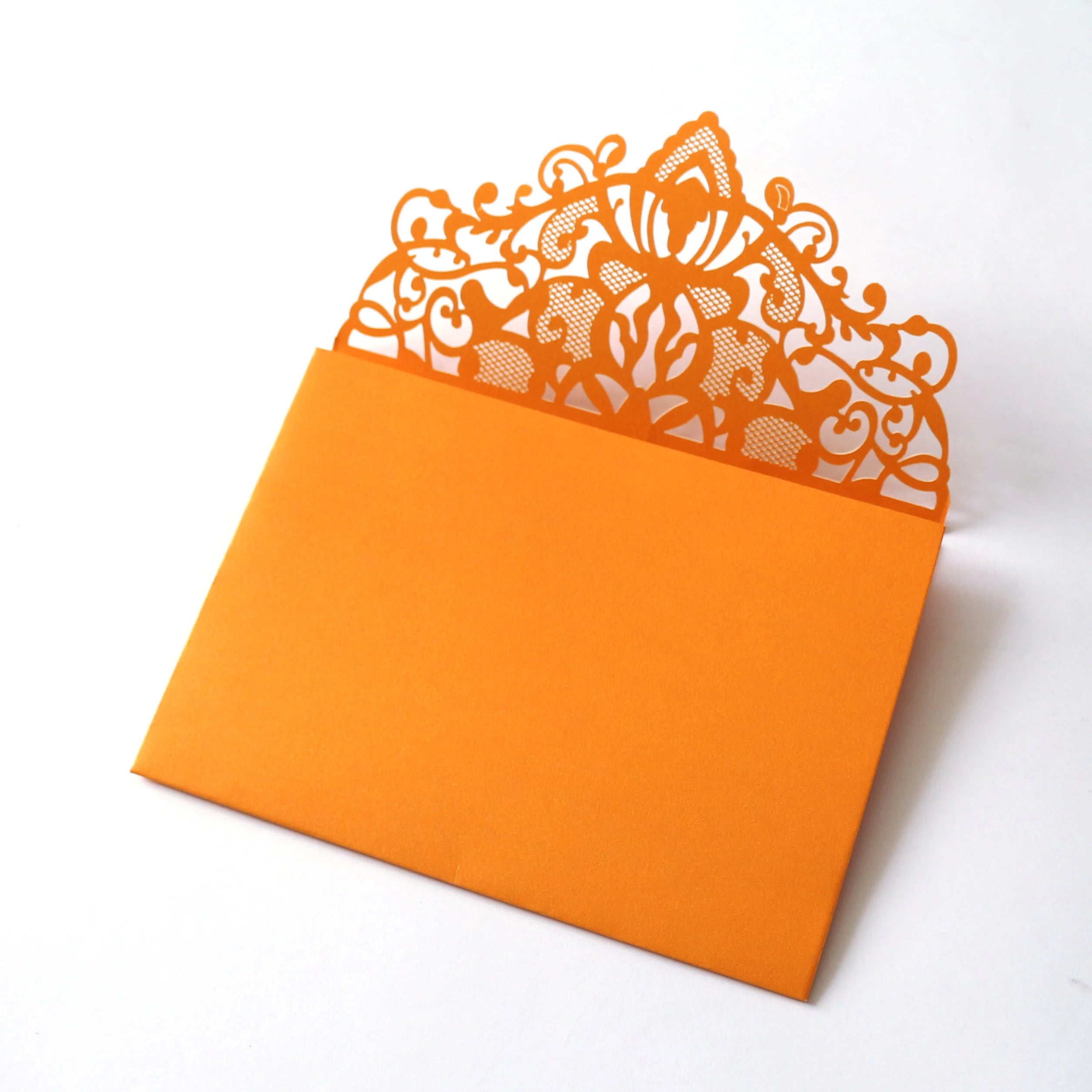 Customized Color Orange Sprinkle Tri-Folded Laser Cut Pocket Greeting Invitation Cards for Wedding Party With Blank Envelope