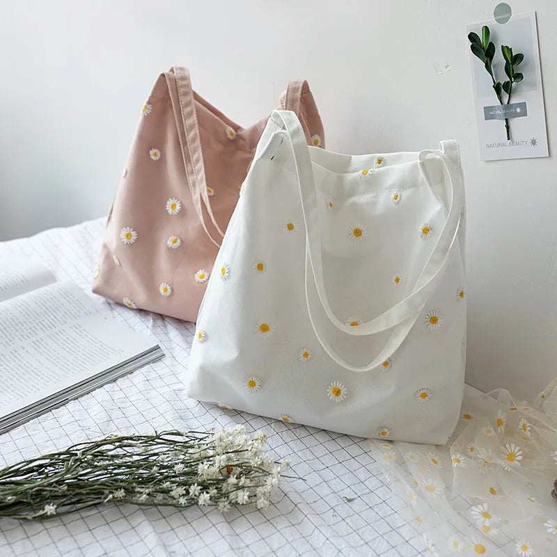 2026 Small Canvas  Handbag for Women Designer Embroidery Patchwork Bag Cotton with Daisies Crochet Tote Cute Shoulder Bag