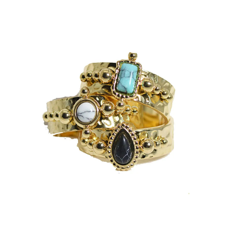 Trendy Party Wedding Chic Eternity Titanium Stainless Steel Gemstone Paved Turquoise Finger Ring Jewelry Open Cuff
