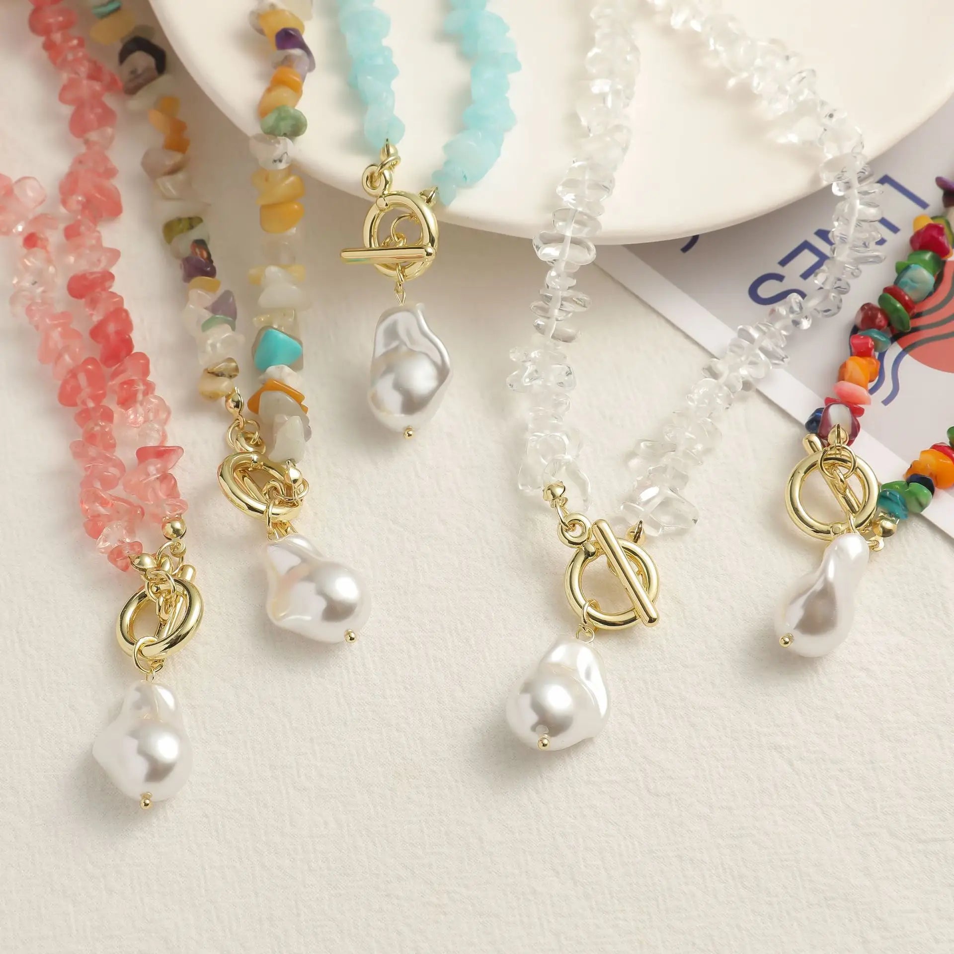Bohemian Colorful Gravel Necklaces Natural Stone Pearl Pendant Clavicle Chain Fashion Beach Chokers Seed Beads Collar Jewelry