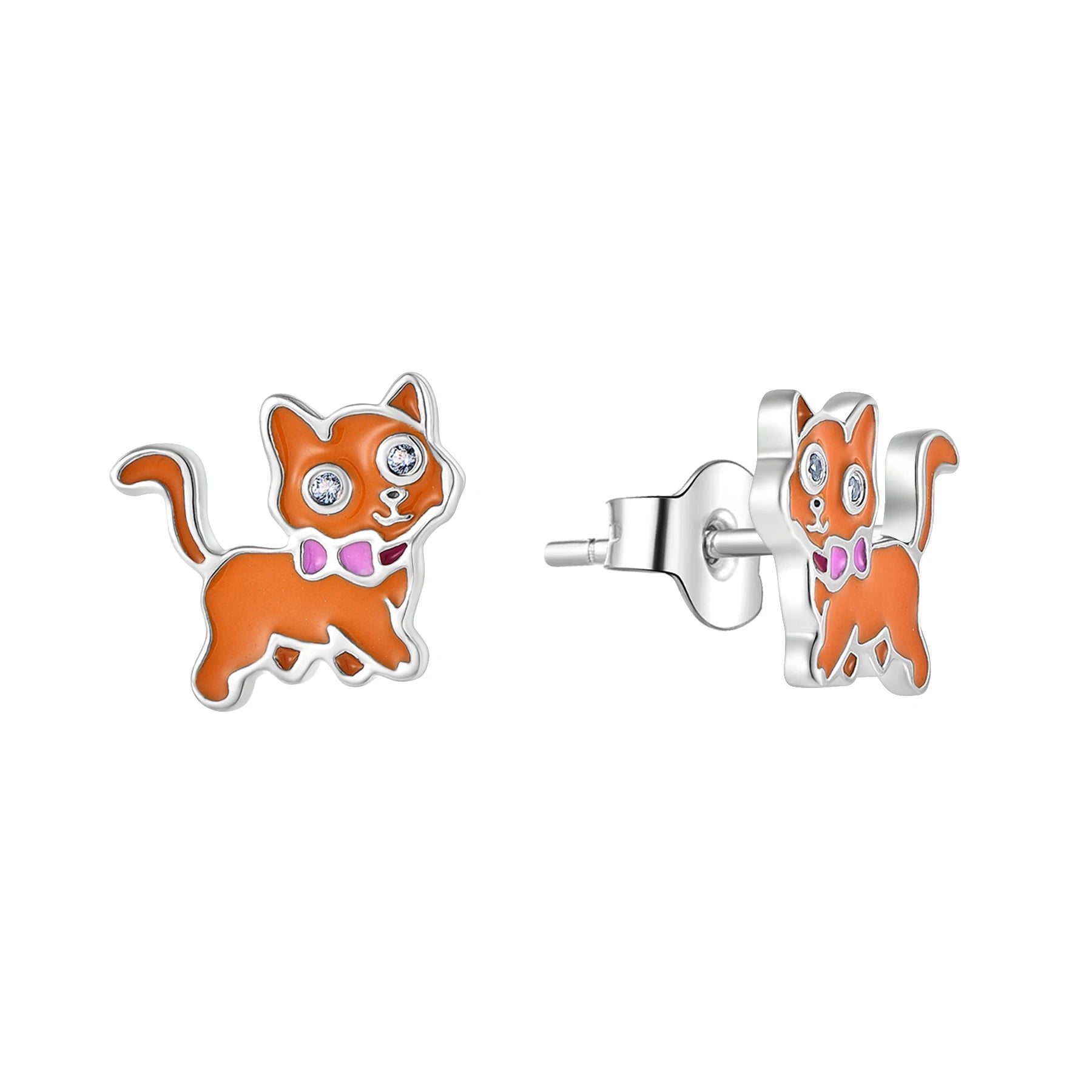 YH JEWELLERY 925 Sterling Silver Custom Cute Earrings Animal Cat White Stone  Eyes Enamel Pink Cat Stud Earring