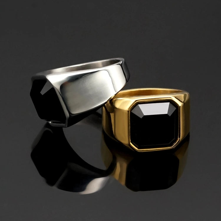 Fine Black Agate Onyx Natural Stone Stainless Steel Jewelry Fashion Ring Wedding Band Engagement Gemstone Finger Ring for Men