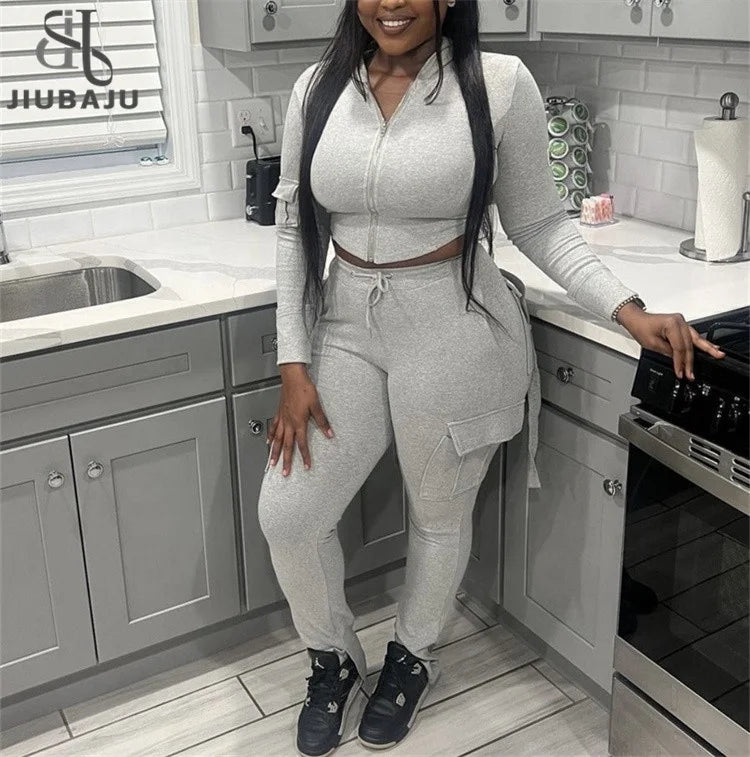 New Solid Color Hooded Long Sleeve Zipper Tops Pocket Long Pant Tracksuit Casual Women Two Piece Set
