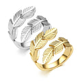 Classic 18k Gold Plated Stainless Steel Open Rings Hip Hop Adjustable Leaf Feather Ring Jewelry New Arrival