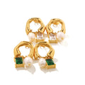 HOT Selling New Arrived Daily Ware Cute Fashion Earrings 18K Gold Plated Stainless Steel  Green Zircon and Pearl Charm Earrings