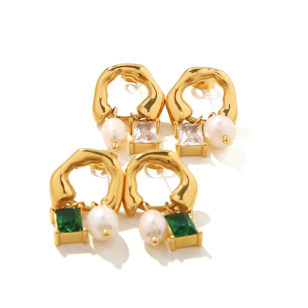 HOT Selling New Arrived Daily Ware Cute Fashion Earrings 18K Gold Plated Stainless Steel  Green Zircon and Pearl Charm Earrings