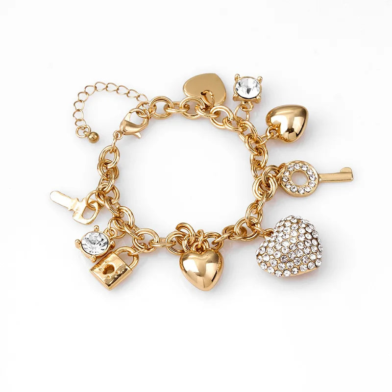 New Jewelry Love Lock Personality Full Diamond Peach Heart Gold and Silver Bracelet Women's Diamond Crystal Bracelet