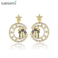 LUOTEEMI 18K Solid Gold Plated Moon and Star Zircon Drop Earrings Women Blue CZ Cute Earings for Girls