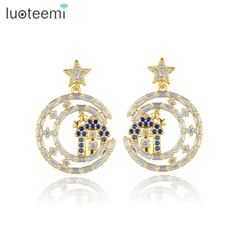 LUOTEEMI 18K Solid Gold Plated Moon and Star Zircon Drop Earrings Women Blue CZ Cute Earings for Girls