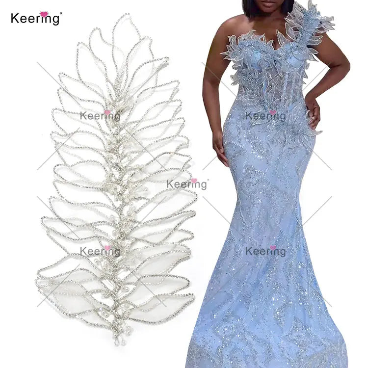 WHD-129 Longer Organza Rhinestone Applique Gold 3D Flower Applique Scissors Handmade Appliques With Pearl  for Wedding Gown