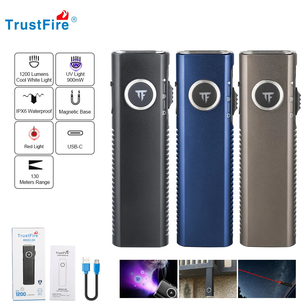 TrustFire MINIX3-SE 1200LM EDC Magnetic Flat Flashlight with UV Light & Red Laser IPX6 Waterproof Torch for Outdoor & Repair