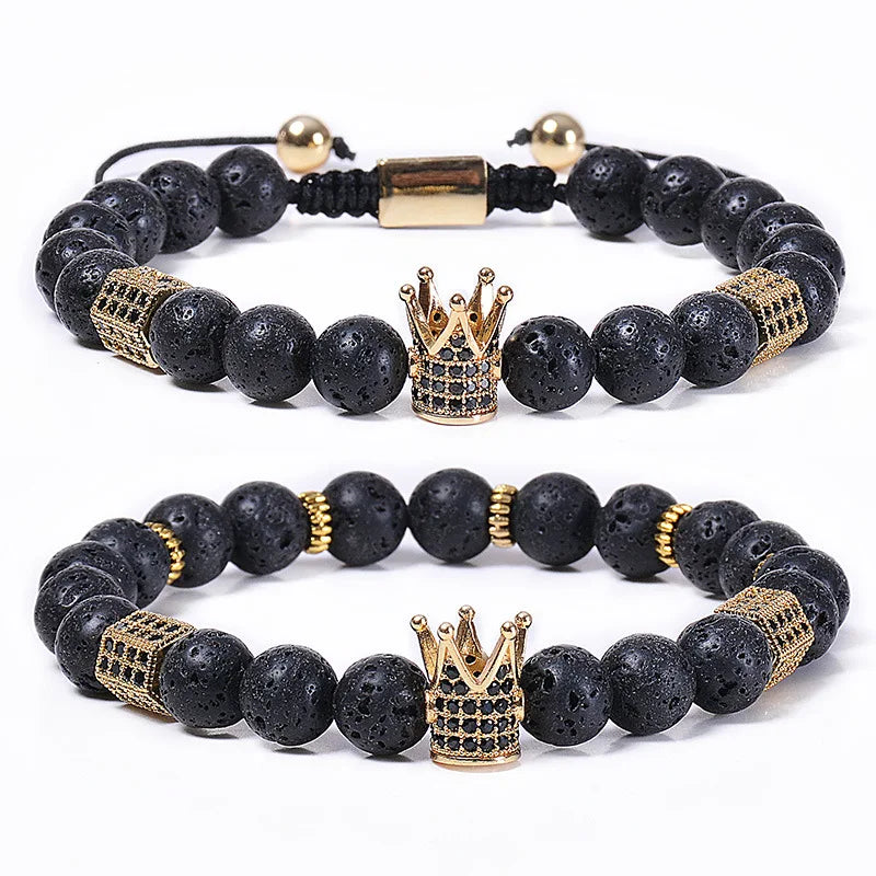 Wholesale Adjustable Lava Stone Gold Zircon Copper Crown Healing Crystal Beads Couple Charm Men Essential Oil Diffuser Bracelets