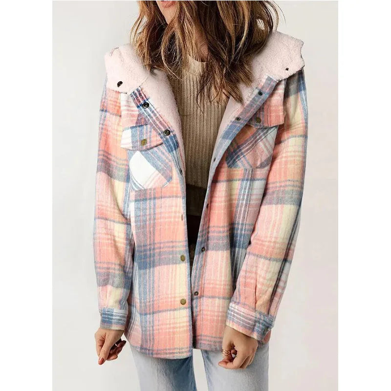 Women's Long-Sleeved Plaid Jacket With Furry Hood and Side Pockets Winter Sports Jacket for Women Coat
