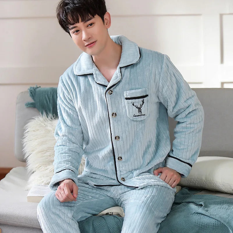 New Arrival Men's Pajamas Coral Fleece Cutting Pattern Pijamas Men Plaid & Stripes Cutting Fleece Pajamas Set Long Pajamas