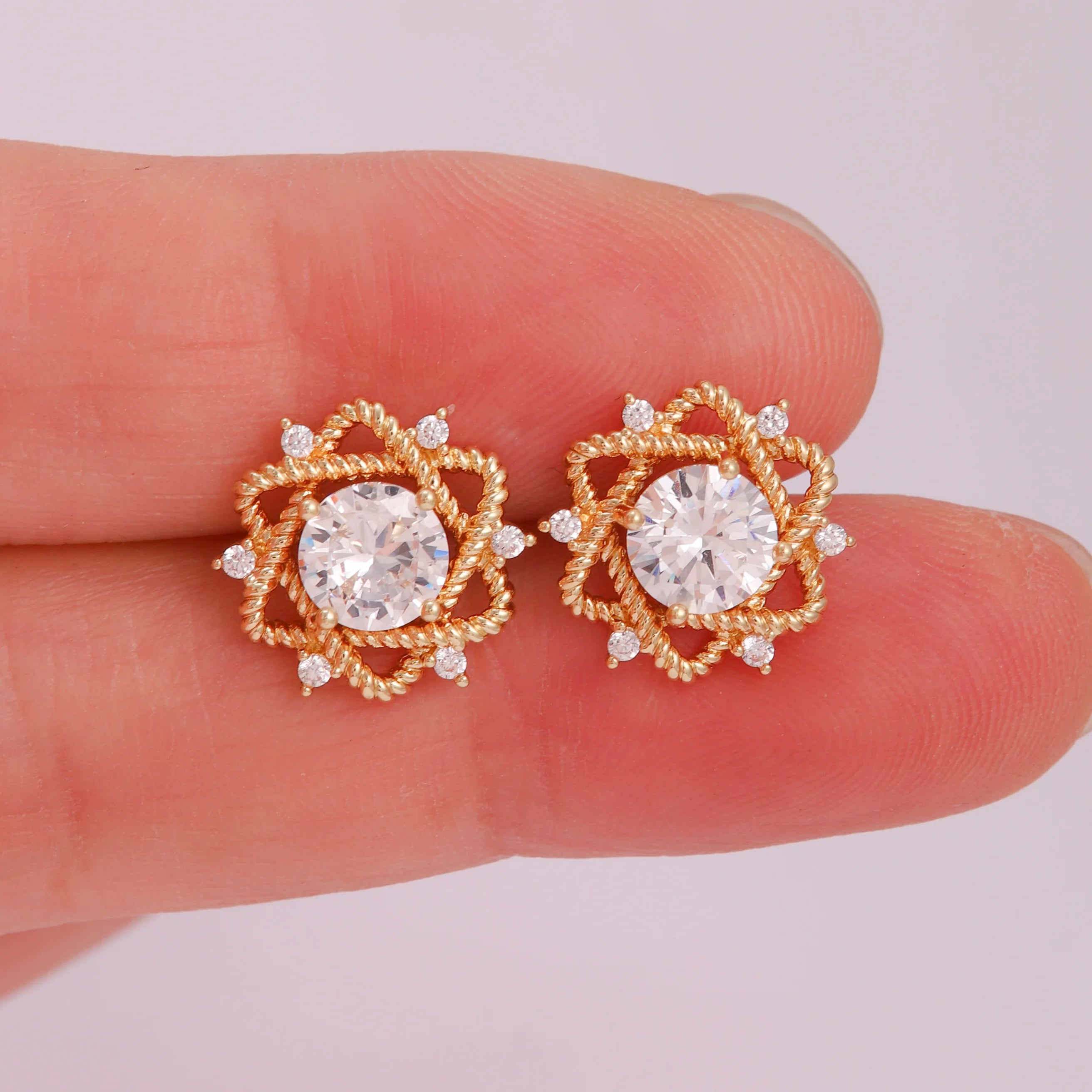 Twisted Rope Flower Stud Earrings 14K Gold Plated Big Round CZ Zircon Hollow Floral Ear Studs Luxury Women Jewelry Gift