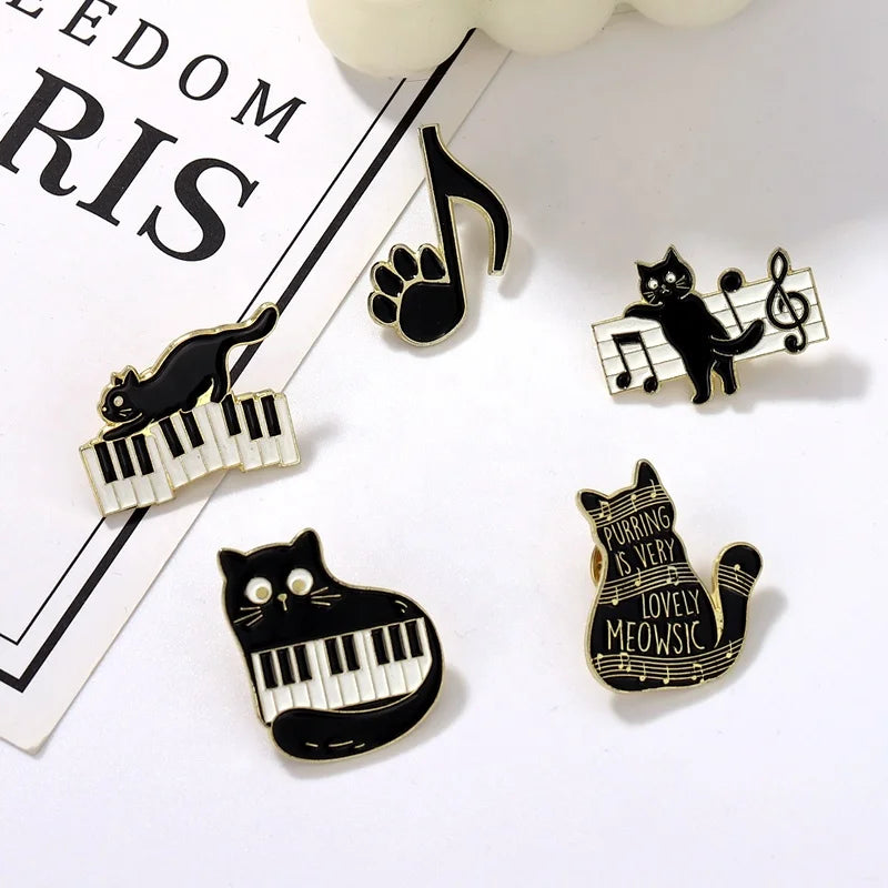 Black Cat Music Enamel Pin Animal Cute Musical Instrument Notes Piano Brooch Badge Friends Gift Wholesale Backpack Accessories