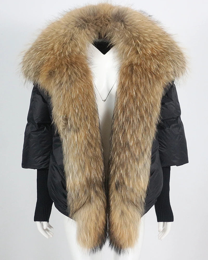 OFTBUY 2023 Women's Thick Winter Jacket with Natural Real Fox Raccoon Fur Collar Warm Duck Coat Knitted Sleeve Short Streetwear