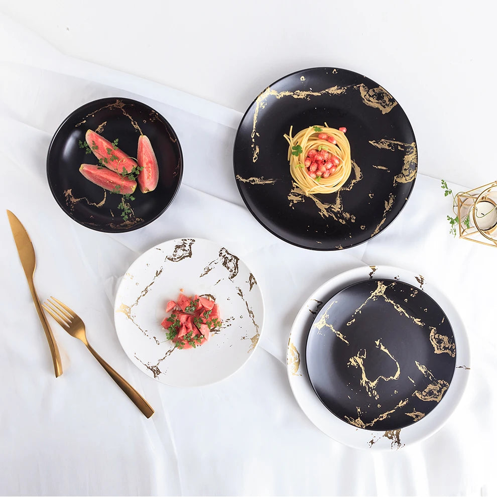 Shengjing Luxury Eco-Friendly 3-Times Burned Ceramic Porcelain Dinner Plate Western Style Gold for Hotel & Restaurant Wholesale