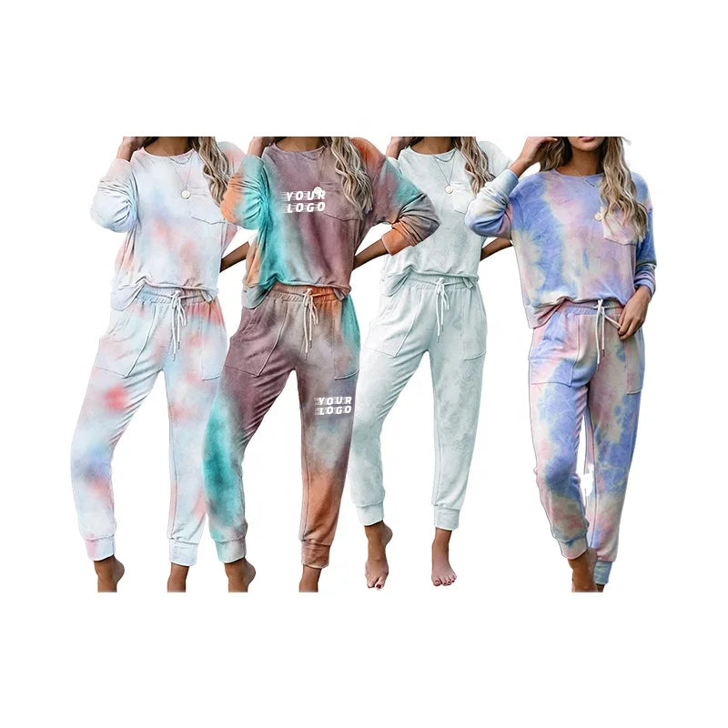 Street Casual Wear Pajama Tie Dye Long Sleeve Pants Loungewear Set Women's Suit Add Your Own logo