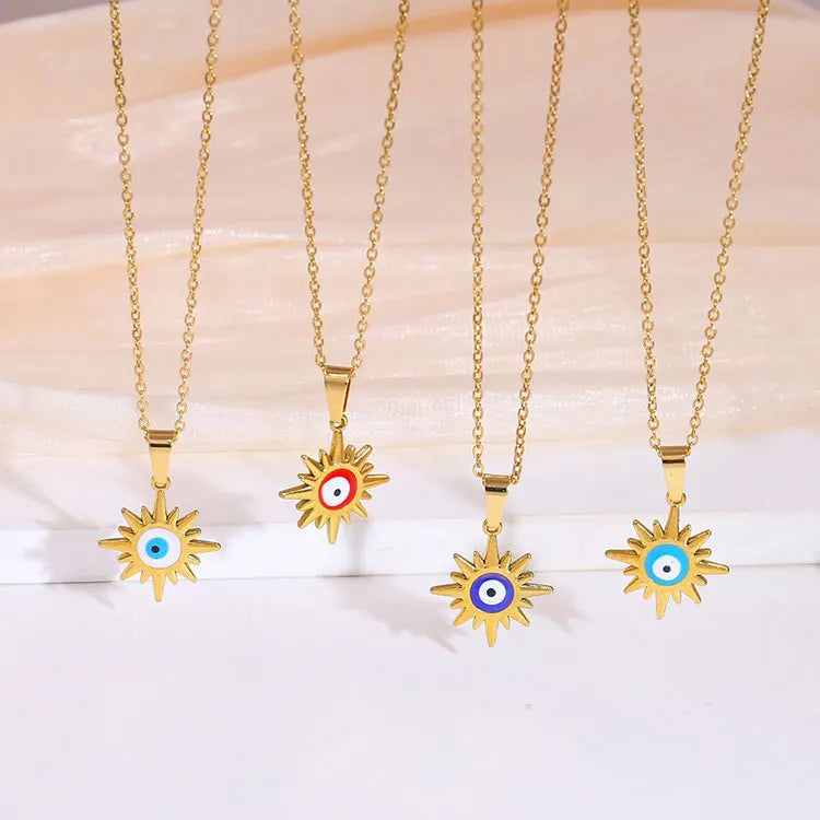 Trendy Stainless Steel Necklace Oil Dripping Pendant Sun Flower Charms Lucky Eyes Pendant Necklace Turkish Blue Eyes Jewelry
