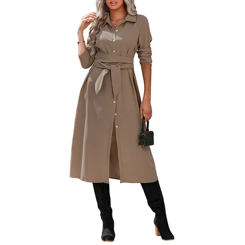 Hot Selling New Arrival Fall Long Sleeve Vintage Solid Color Shirt Dresses Women Casual Clothing Ladies Office Dresses