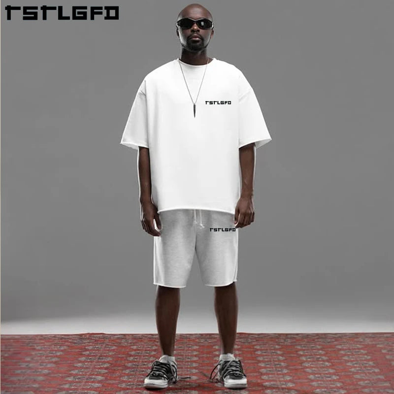 Custom Logo Printing Men's Fitness Sportswear Set Casual Solid Color Two-Piece T-shirt Shorts  for Summer Track Suits