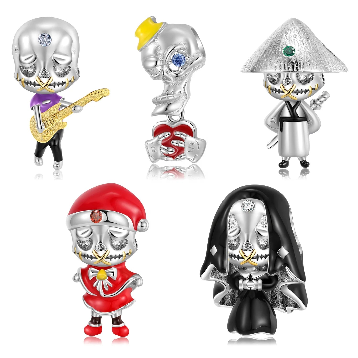 Guitar Skull Cartoon Charm 925 Sterling Silver Christmas Skeleton Enamel Beads for Women Charm Bracelet Jewelry Dropshipping