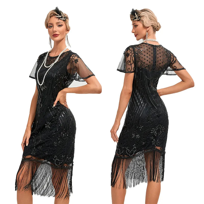 BabeYond Roaring 20s Vintage Art Deco Dress 1920s Flapper Style Long Fringe Sequin Beaded Empire Waist Party Decorated Feathers