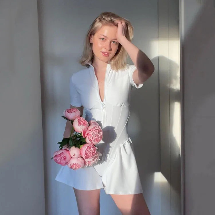 2023 Hot New Launch Women Sports Jumpsuit Sexy Slim Tight Short Skirt Jumpsuit Zipper Crew Collar One Piece Set