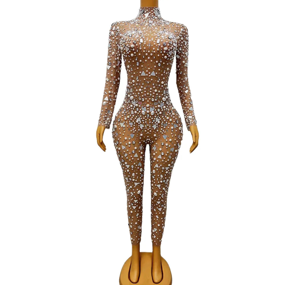 Fashion Long Sleeves Pearls Rompers Singer Showgirl Bodysuits Club Bodycon Dancer Leotard Women Sexy Sequin Rhinestone Jumpsuit