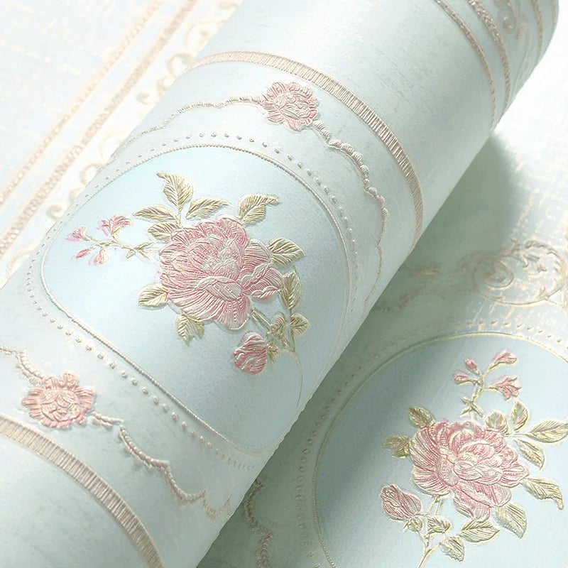 European Pastoral Style Floral Wallpapers 3D Non-Woven Wall Paper for Bedroom Living Wedding Room Wall Decor Beige Blue Pink
